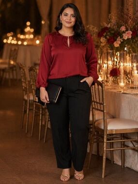 Marks & Spencer Red Satin Blouse Size 8 Long Sleeve Work Office Top NWOT